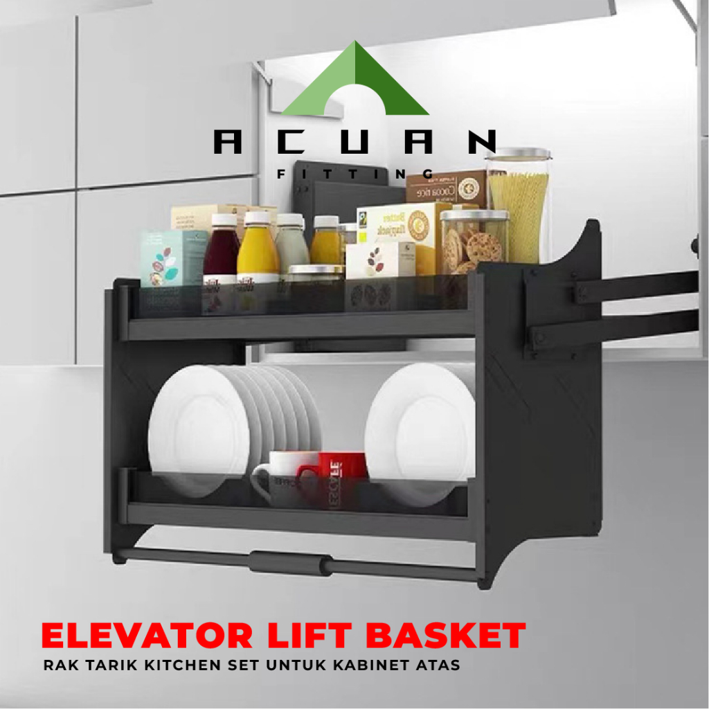 Rak Piring Elevator Aluminium Anti Karat | Rak Tarik Dapur | Pull Down Elevator Basket