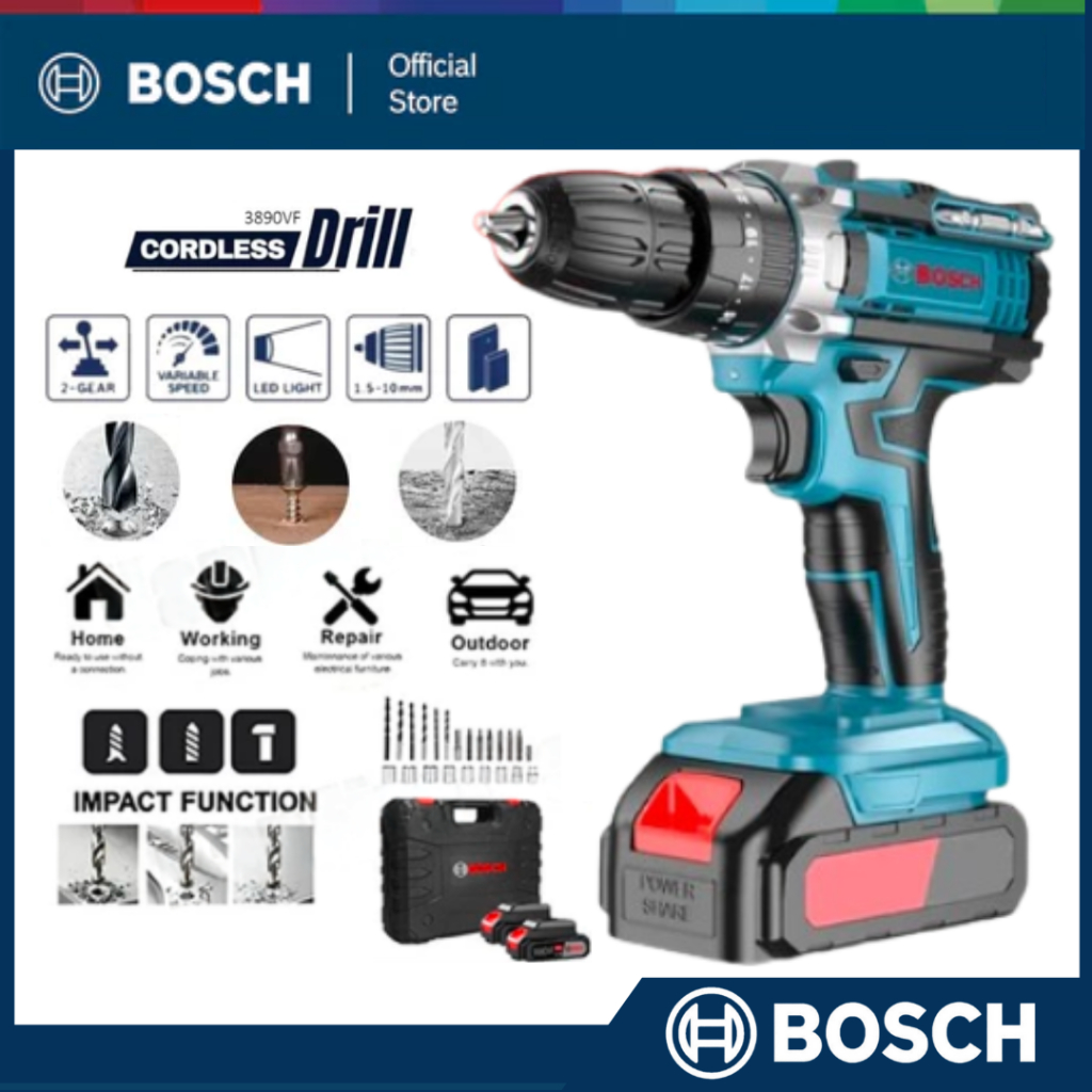 Mesin Bor Listrik Tanpa Kabel Bosch 1288V 2 Baterai Isi Ulang Mata Bor 10mm Obeng Listrik Murah