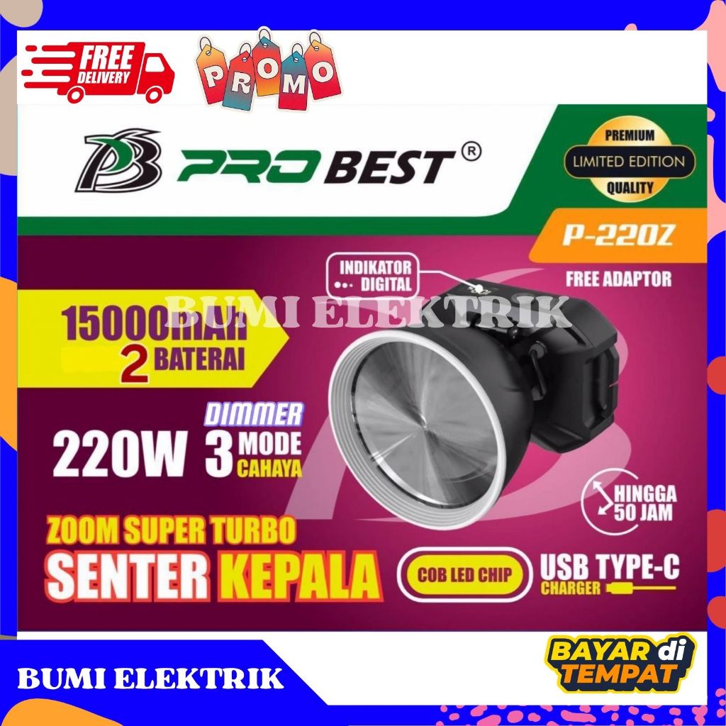 PROBEST 220W Senter Kepala Besar Zoom In & Out Headlamp PREMIUM Ori Kualitas Super Bagus 220w / Sent