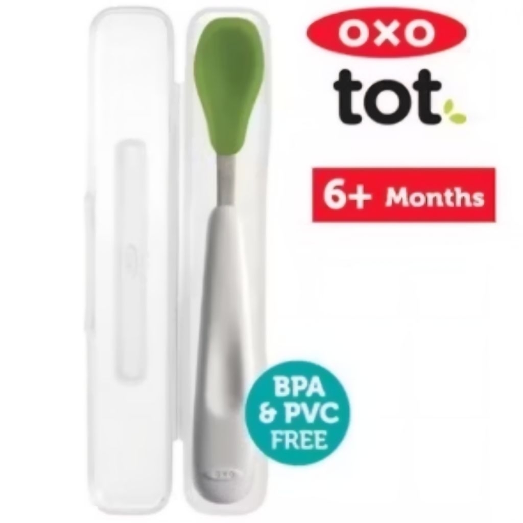OXO TOT Feeding Spoon with case (PRELOVED like new), warna putih hijau dengan box/ Sendok makan bayi