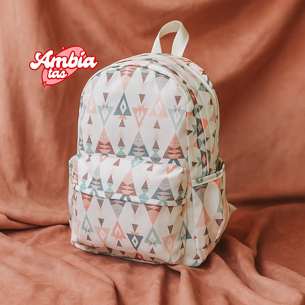 Ambia Tas Ransel Wanita Motif Geometris Mini Backpack Tas Sekolah Cewek Kecil Bahan Kanvas