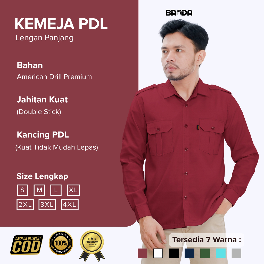 BRADA - Kemeja PDL PDH Drill / Baju Atasan Seragam Kerja Lapangan Panjang Merah Maroon