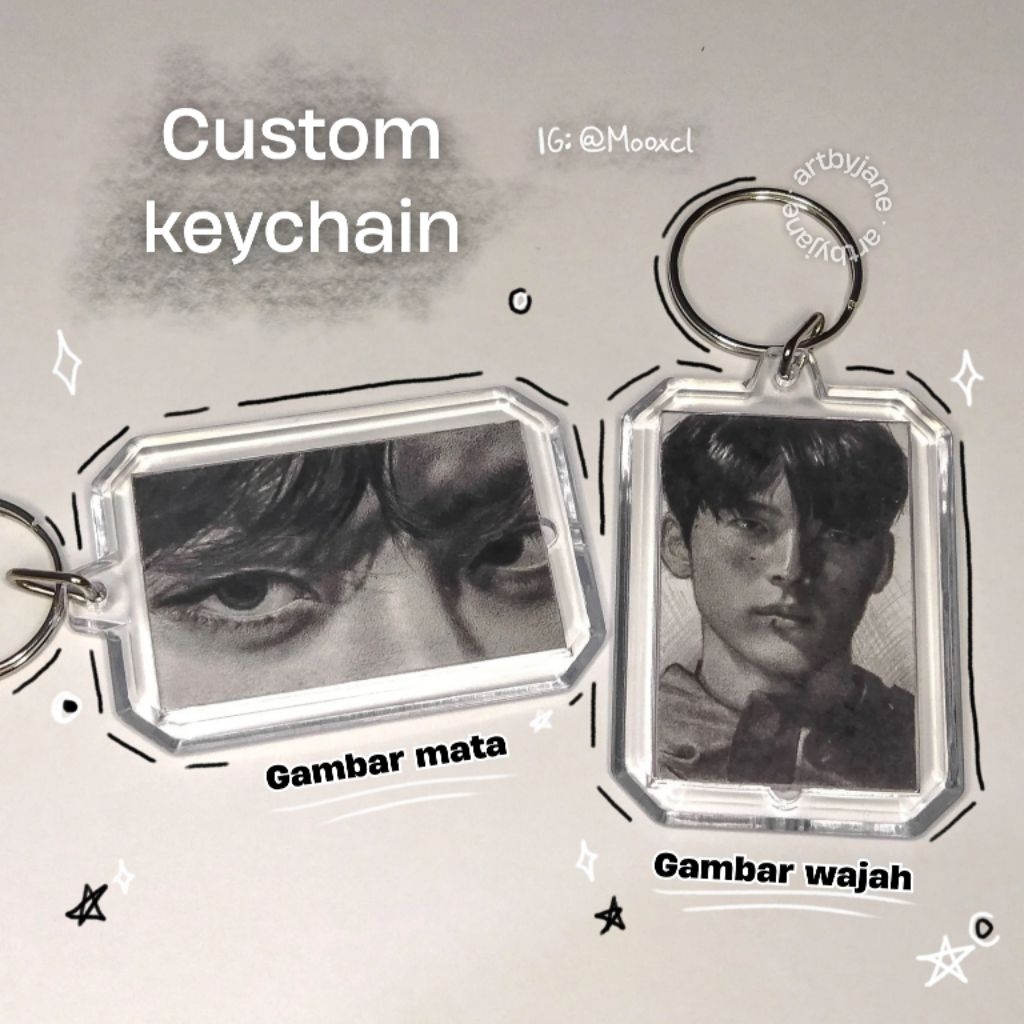 (CUSTOM) Keychain Art Gambar Wajah/Mata (gambar manual) Gantungan Kunci Akrilik Custom