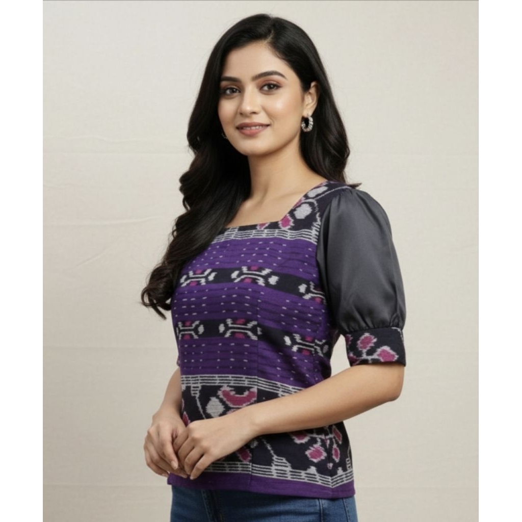 BLUS TENUN KOMBINASI LENGAN TOYOBO,BAJU WANITA MODREN,BAJU CANTIK KEKINIAN