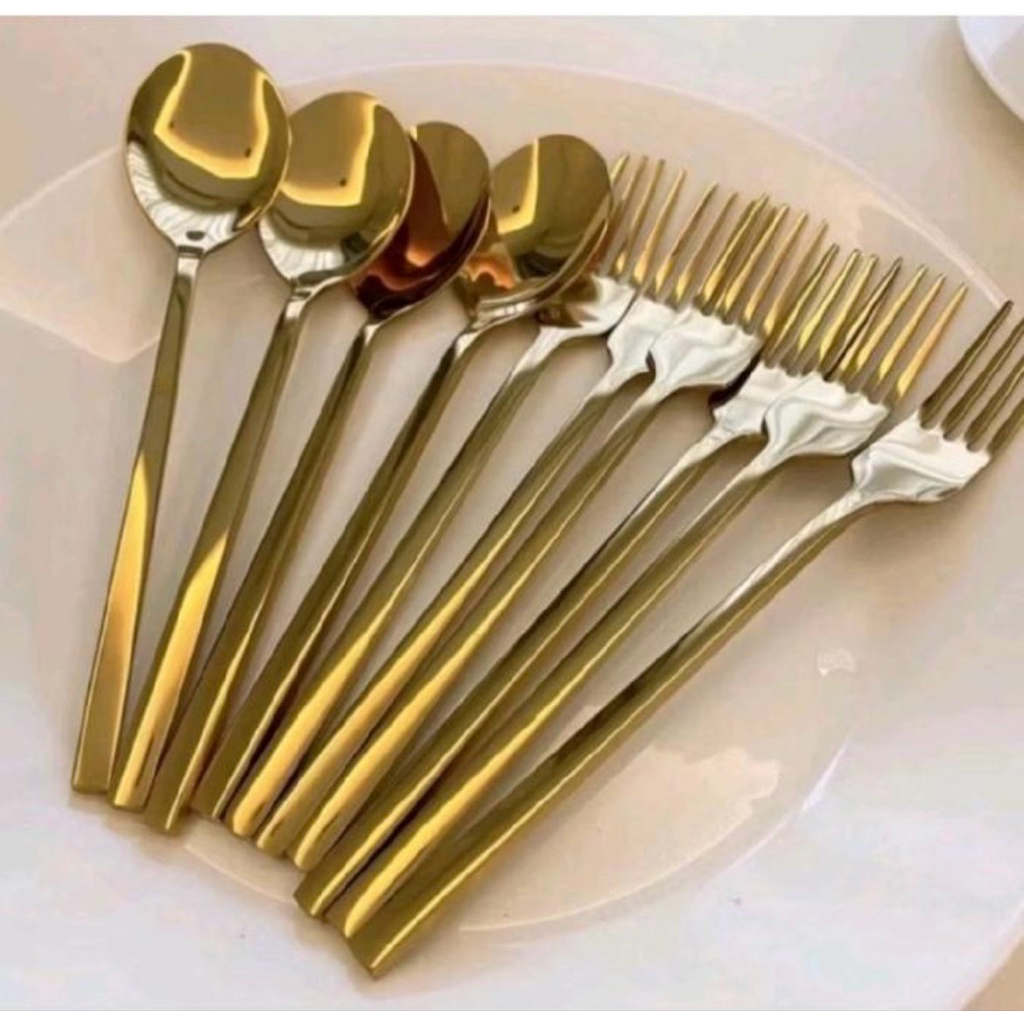 Sendok Korea Gold / Sendok Korea Bulat / Sendok Garpu Korea Isi 6 pcs