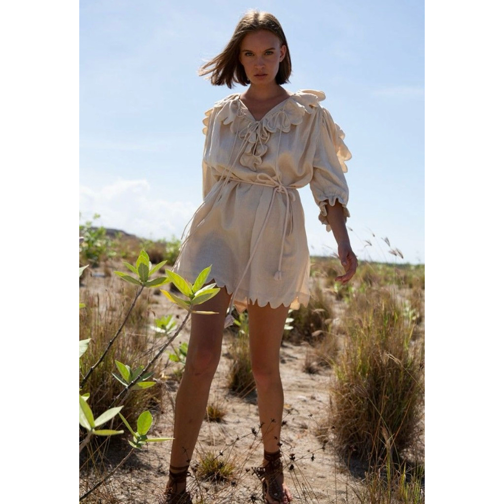 THE STORY OF - Maja Scallop Linen Nude Midi Dress