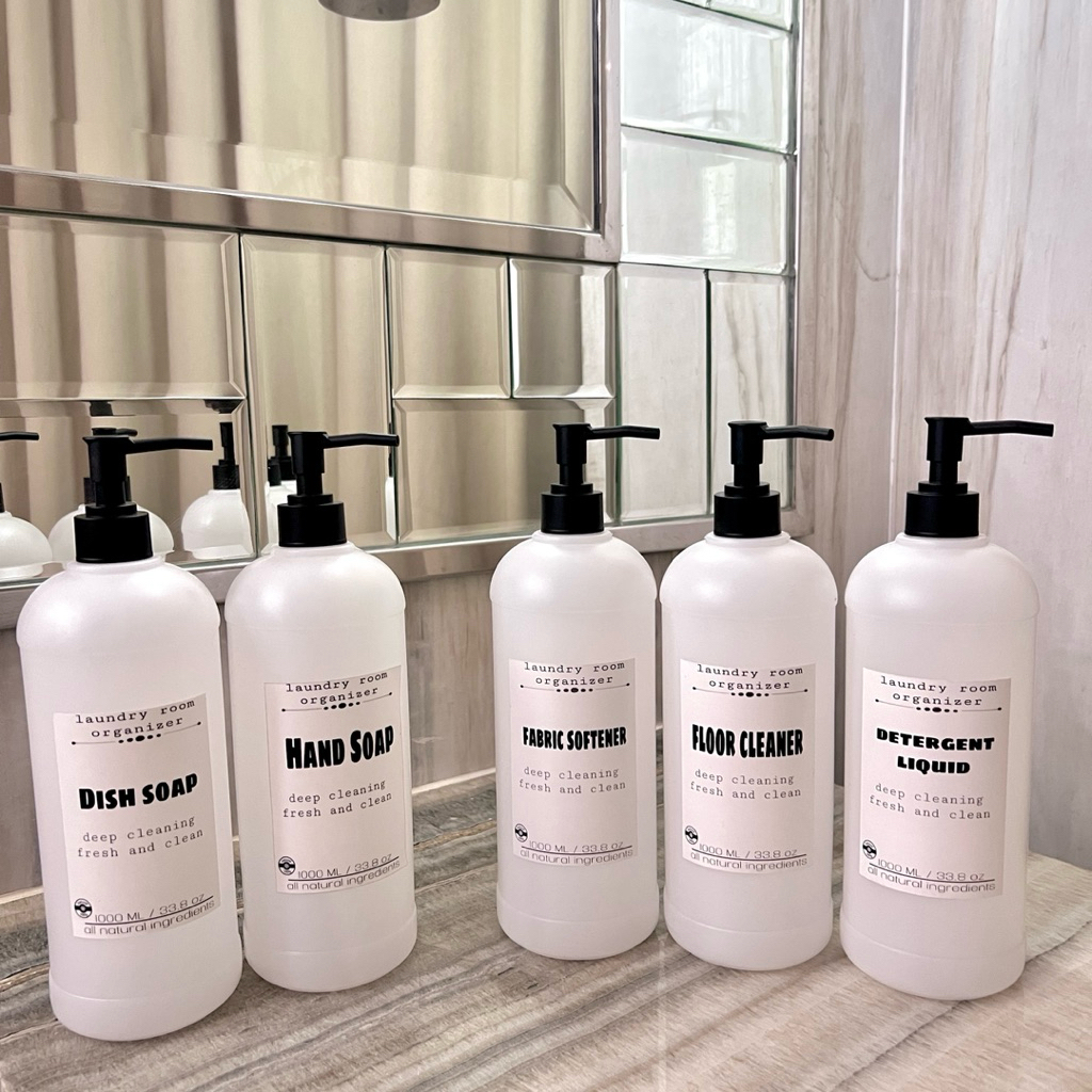 BOTOL 1L PUMP TRANSPARAN LABEL LAUNDRY ROOM tempat isi ulang detergent cair wadah refill AESTHETIC