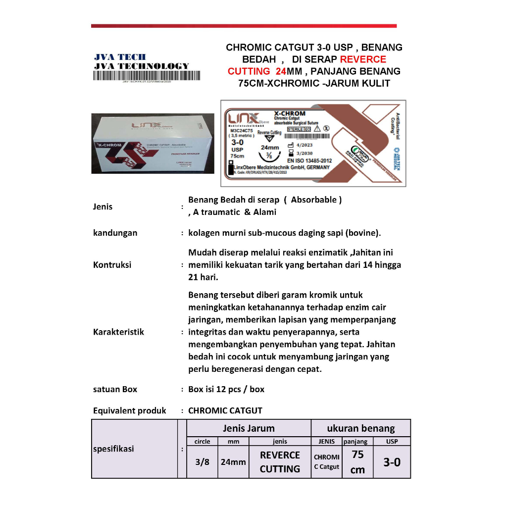 CHROMIC CATGUT 3-0 USP , BENANG BEDAH  GERMANY , DI SERAP REVERCE CUTTING 24MM , PANJANG BENANG 75CM