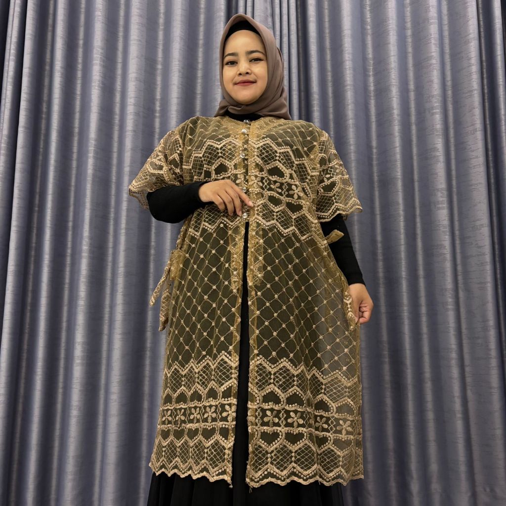 Fairy Vest Long Outer Brokat Midi Panjang Luaran Kebaya Rompi Kardigan Wanita Muslimah Tile Elegan