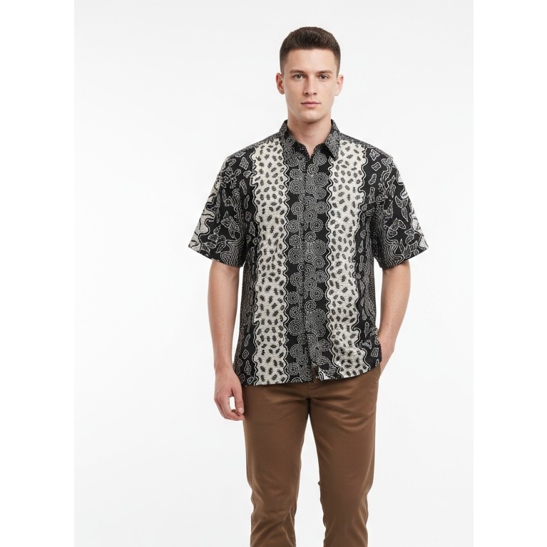 Kemeja Hem Batik Pria Lengan Pendek Hitam Putih 52 - Batik Nulaba