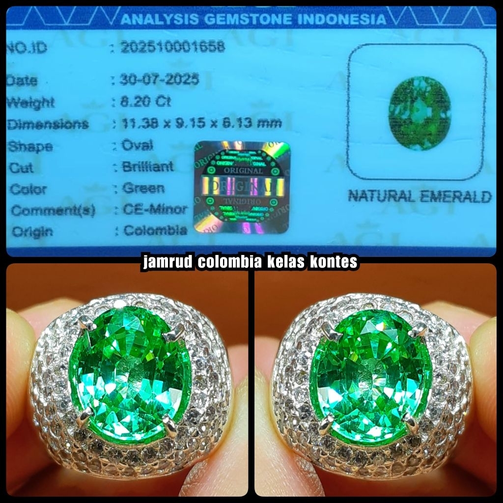 original jamrud colombia super kristal kelas kontes + ring perak mewah