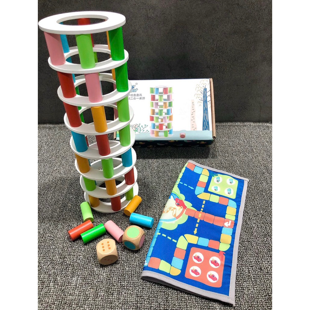 Mainan tower eliminasi anak & ludo 2in1/Mainan menara blocks/Mainan susun blocks/Mainan ludo seru/Lu