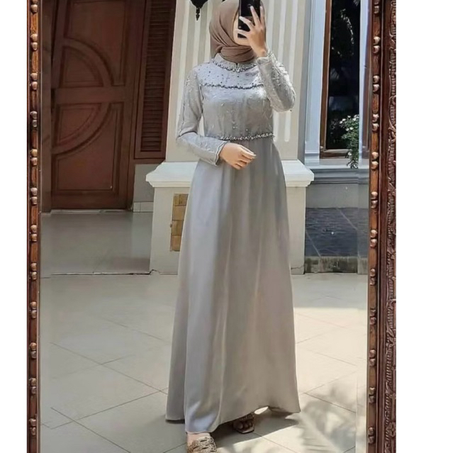 preloved new Midi long dress kondangan pesta silver grey kaftan muslimah baju bridesmaid abu satin r