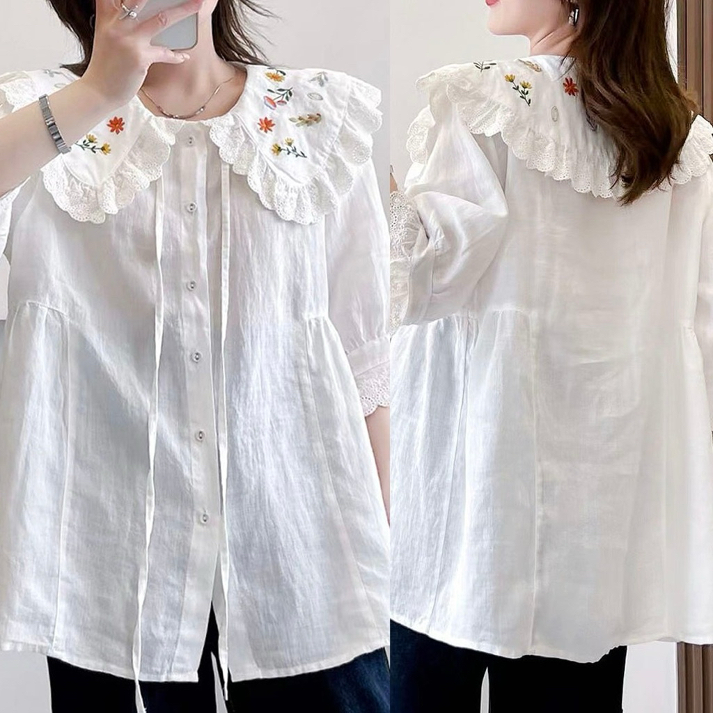 BLUS LINEN PINK PUTIH PREMIUM OVERSIZED KERAH LEBAR BORDIR BUNGA RENDA KOREA IMPORT