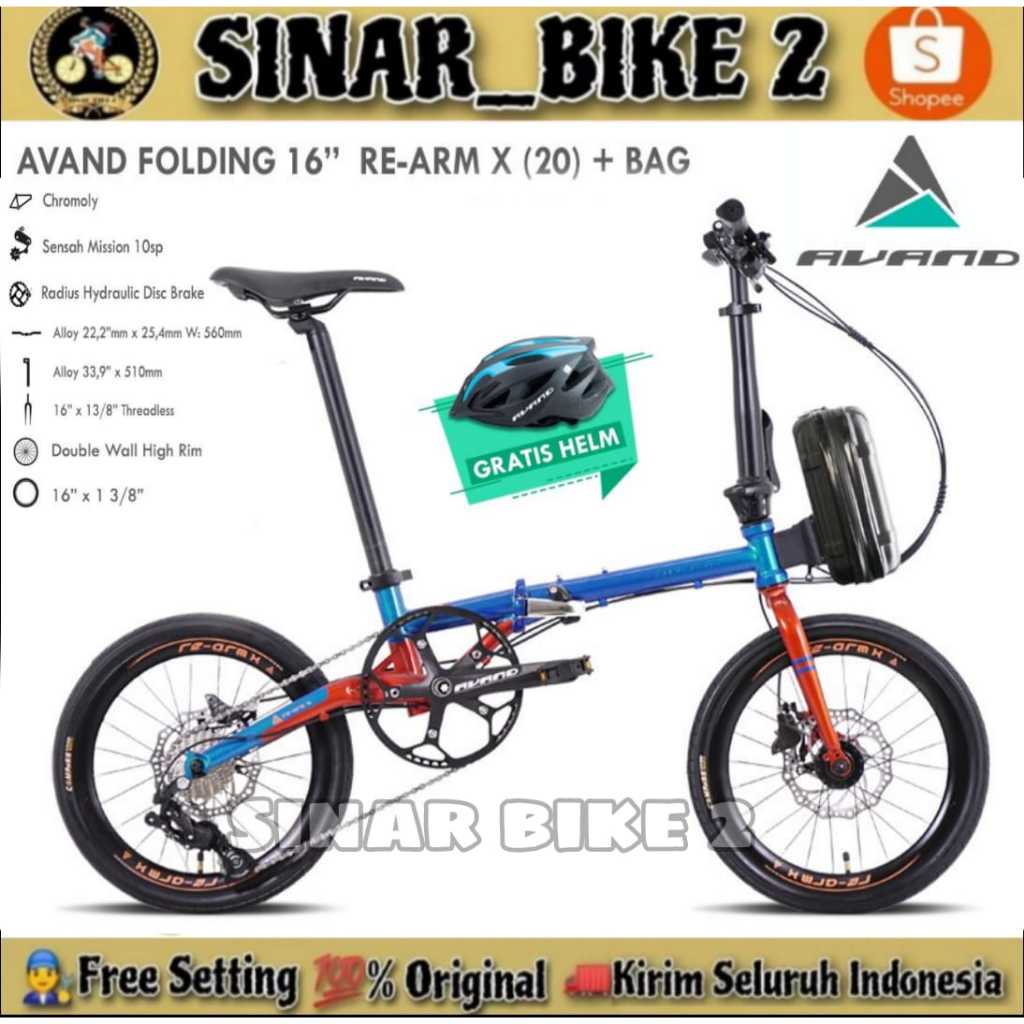 Sepeda Lipat 16 Inch AVAND RE ARM X Chromoly 10 Speed Hidrolik Jangkrik  UNITED FREE HELM