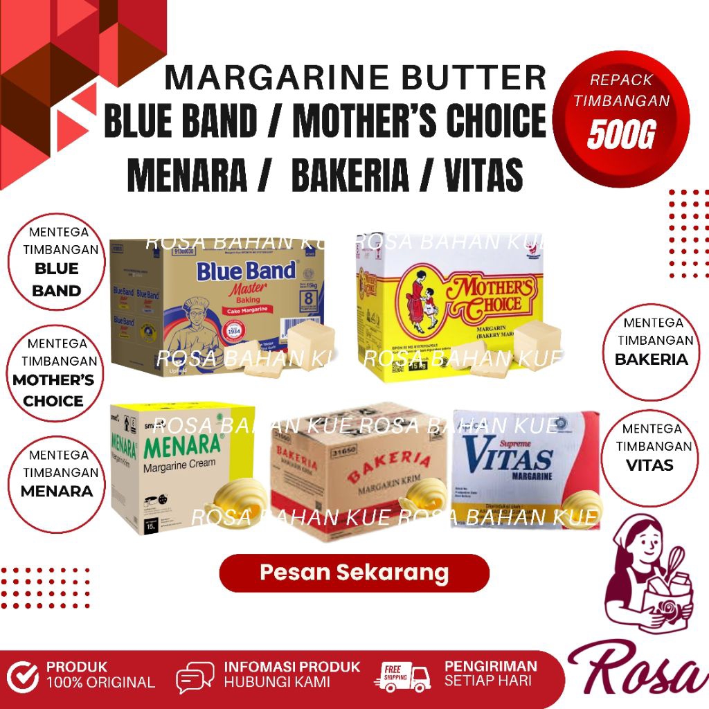 Mentega, Margarin & Butter repack timbangan 500 g – Blue Band, Mothers Choice, Menara, Bakeria & Vit