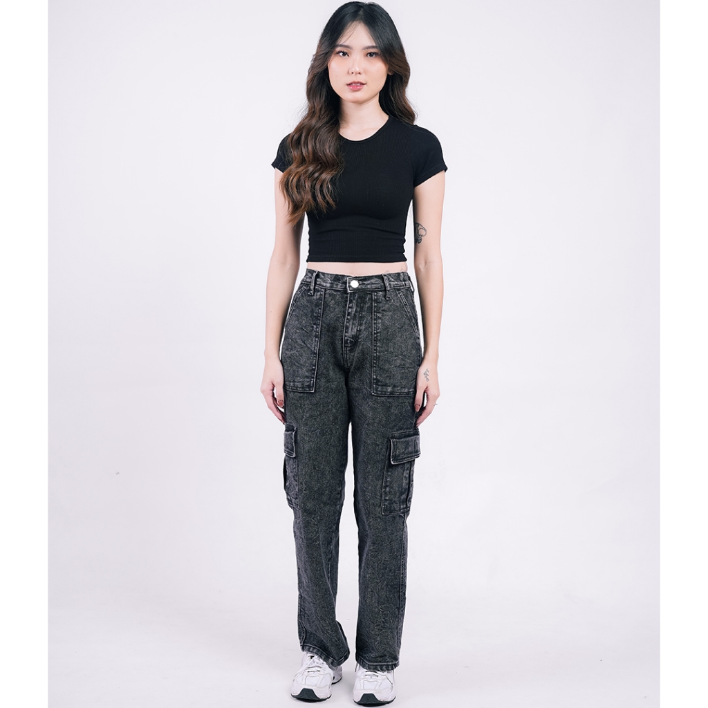 My LaVra Celana Jeans Cargo Loose Highwaist Wanita Snow Black