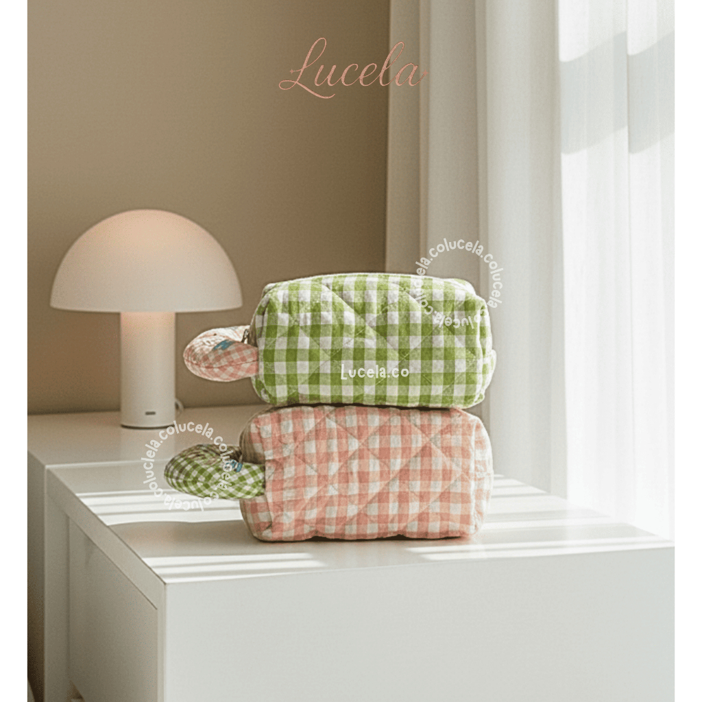 LUCELA - Pouch Make Up Kotak-Kotak Kecil– Bahan Katun | Travel Cosmetic Bag