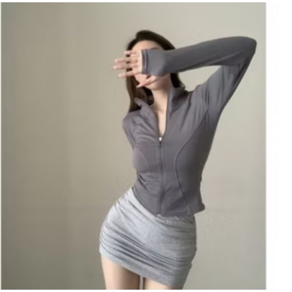 Jaket Olahraga Anti UV Lengan Panjang Pakaian Slimfit Body Bahan Scoba, Untuk Yoga Gym Fitnes bicycl