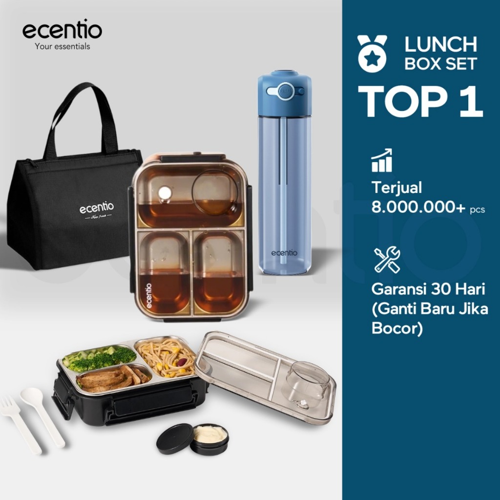 [KOL Exclusive]ecentio lunch box stainless anti tumpah 800ml + botol 550ml tas sekat 3 dengan sendok