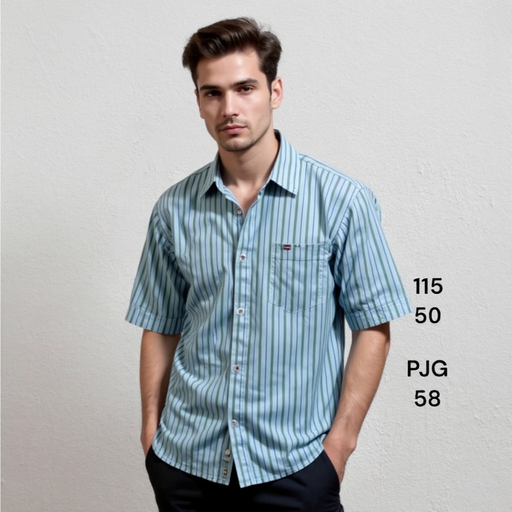 kemeja pendek pria garis hijau biru size L