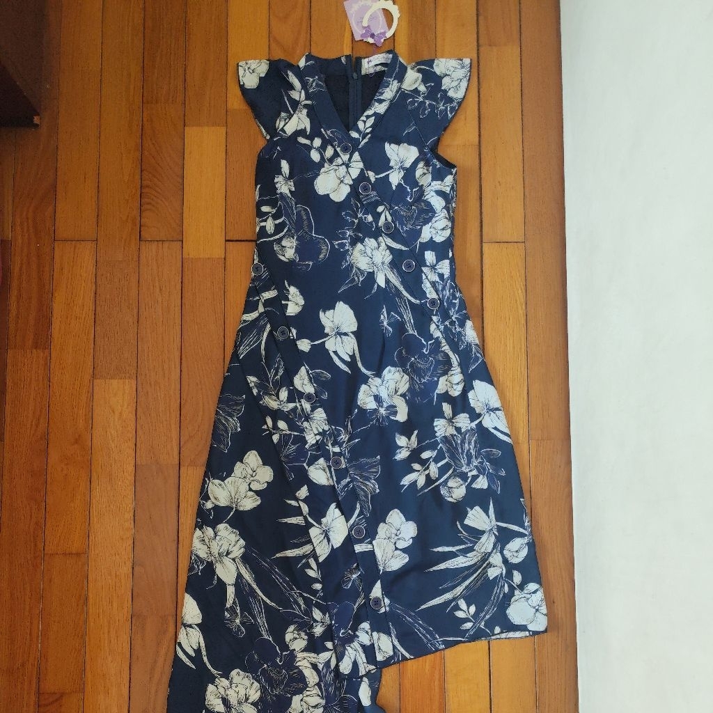 dress pesta/dress bunga navy/dress floral/dress motif bunga/dress sifon floral/sifon dress bunga