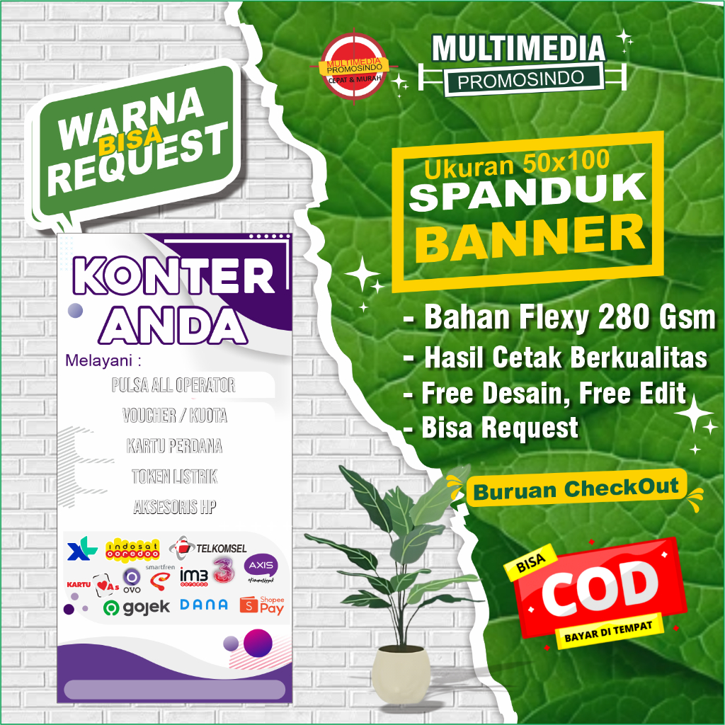 BANNER KONTER1 100X50CM FREE EDIT NAMA KONTER/SPANDUK KONTER/FREE DESAIN/MMT KONTER