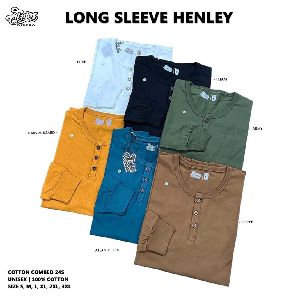 AlmosDistro Kaos Kancing Lengan Panjang | Kaos Henley Pria Basic Tshirt Cotton Combed 24s