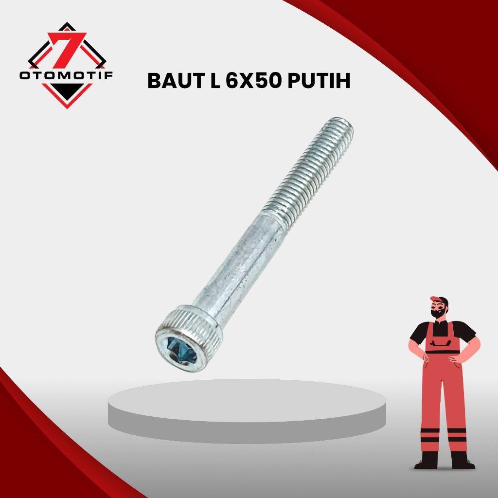 Baut L M6x50 Kunci L5 Drat 10 Halus 6x50 M6 6mm Putih Galvanis