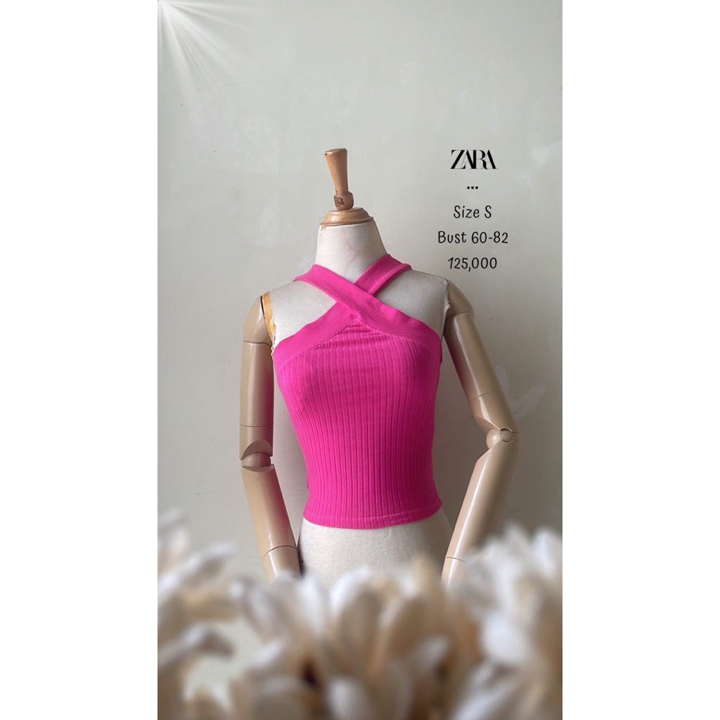 Tanktop atasan knit rajut pink fushia fanta zara original premium murah halterneck silang keren unik