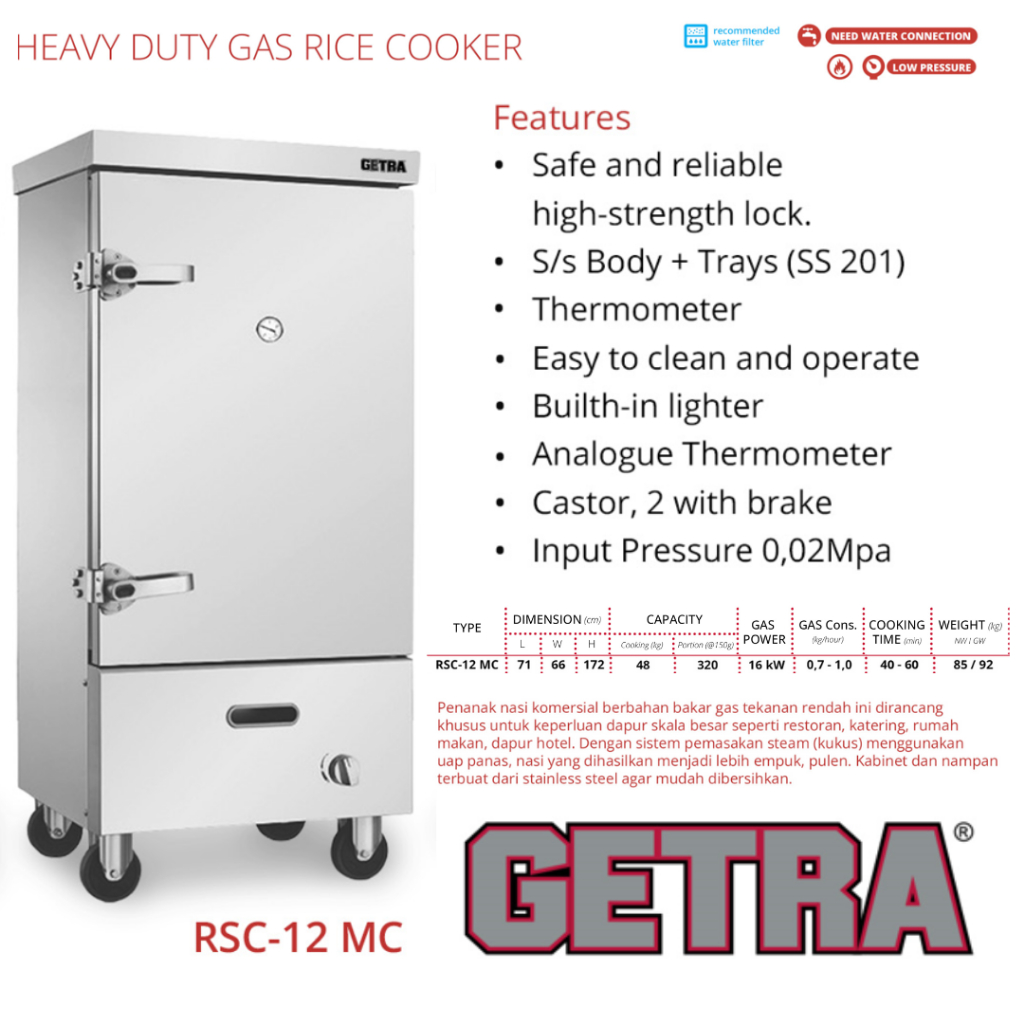 GETRA HEAVY DUTY GAS RICE COOKER STEAMER RSC12MC/RSC-12MC/ RS 12MC 12 Tray