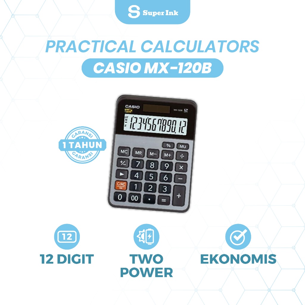 Casio MX-120B-W-DC Kalkulator Meja Mini Layar Ekstra Besar, Layar LCD 12 Digit, Tahan Lama & Praktis