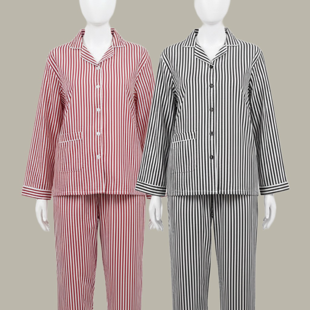 MANDA - Piyama Salur One Set Baju Tidur Wanita Katun Setelan Tebal