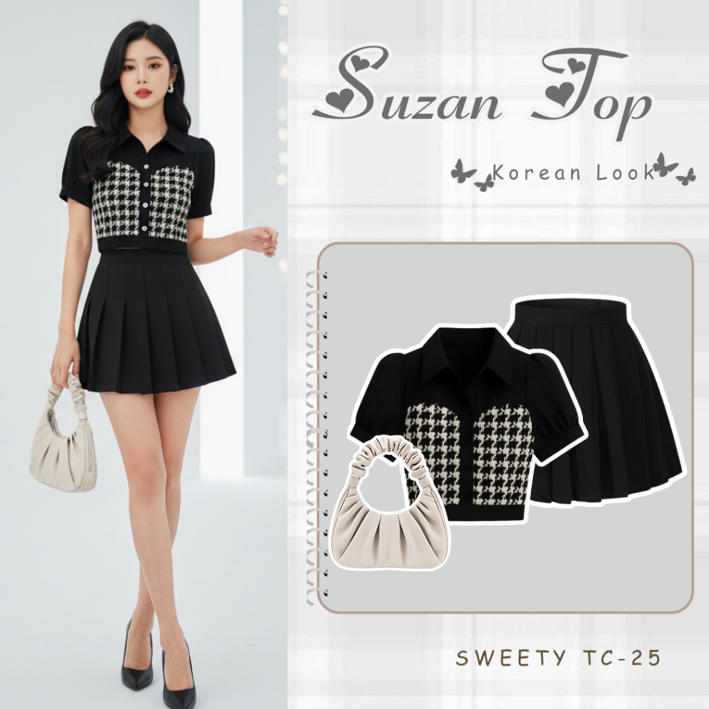 Outfit Set Wanita Korea ( Sabrina Top + Rok Pendek ) Setelan Oneset Baju Seksi Kekinian Ootd SWEETY 