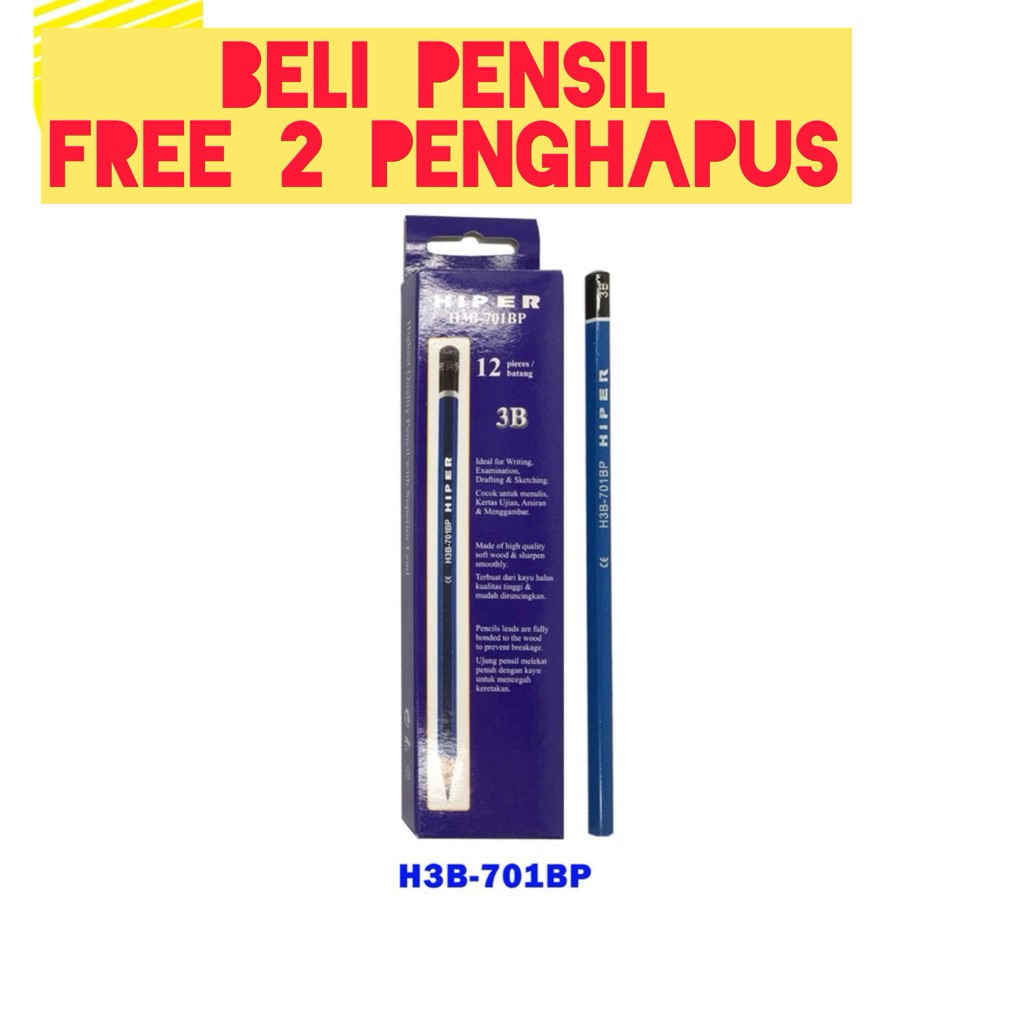 Pensil 3B Selusin, Free 2 Penghapus, Hiper Pencil 3B Menulis Lembut dan Hitam