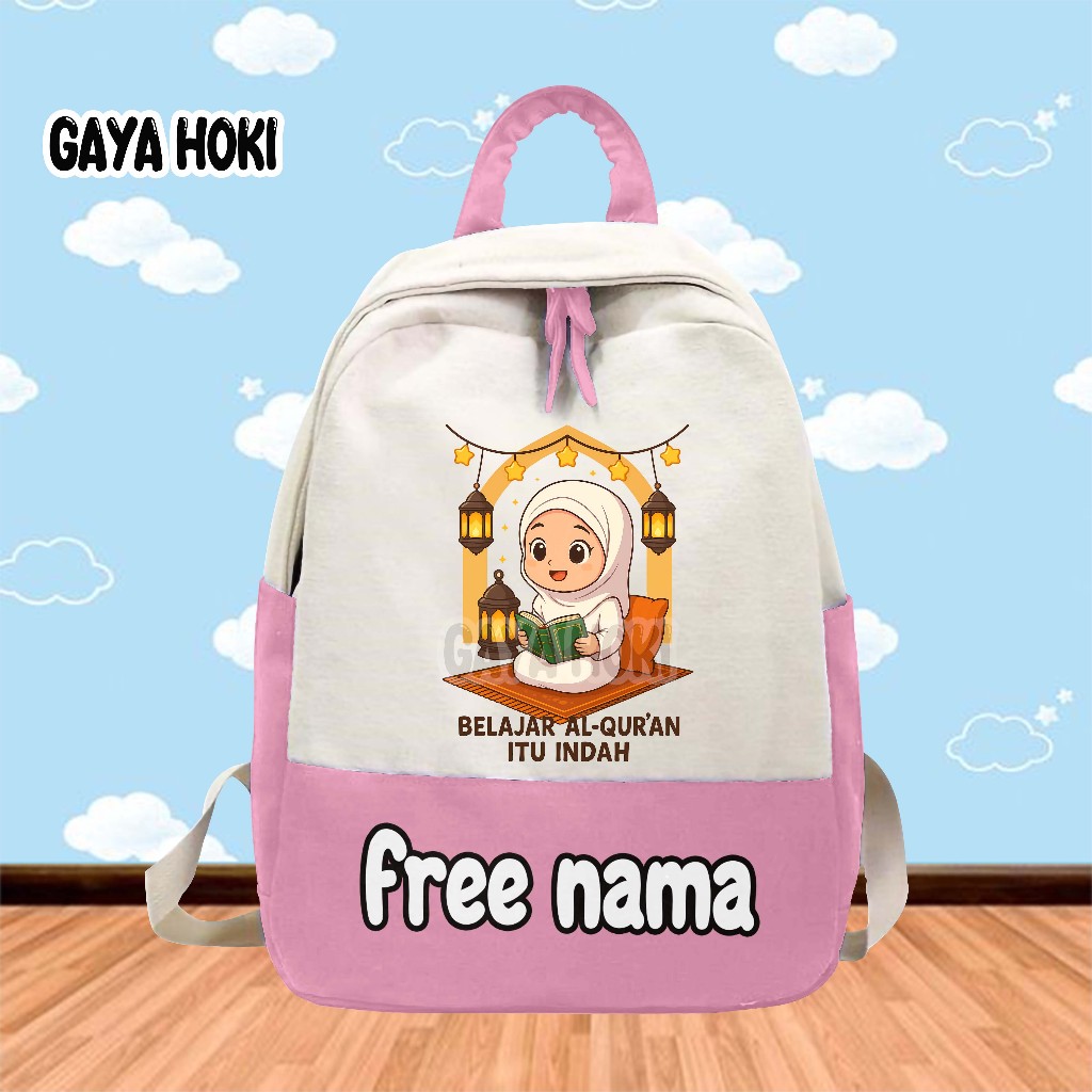 [FREE NAMA] Tas Ransel Tas Anak Ngaji Sekolah TK/SD Gambar Kartun Anak Perempuan "Belajar Al - Qur'a