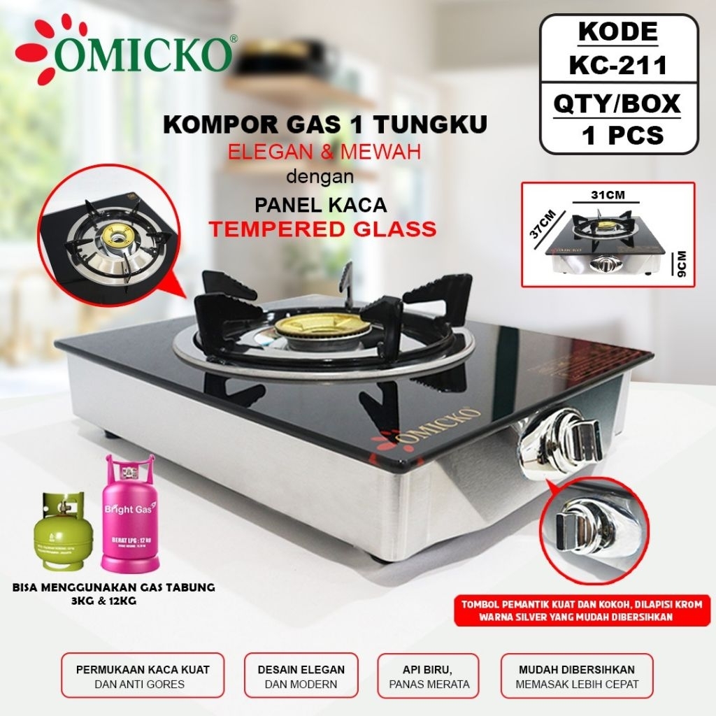 KOMPOR GAS KOMPOR GAS 1 TUNGKU PREMIUM KACA OMICKO KOMPOR PORTABLE 1 TUNGKU/ KOMPOR 1 TUNGKU KACA / 