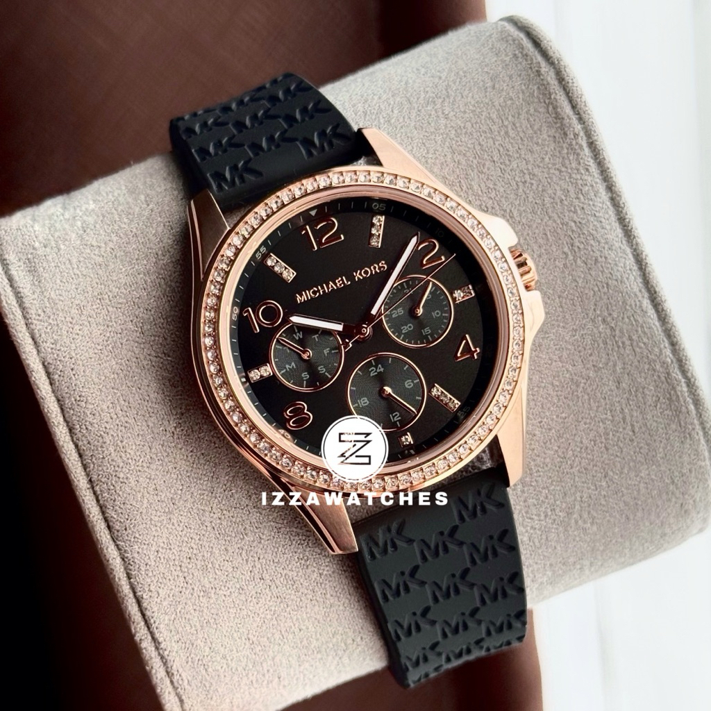 Jam Tangan Wanita MK7373 Mini Pilot Pave Black Silicone Strap