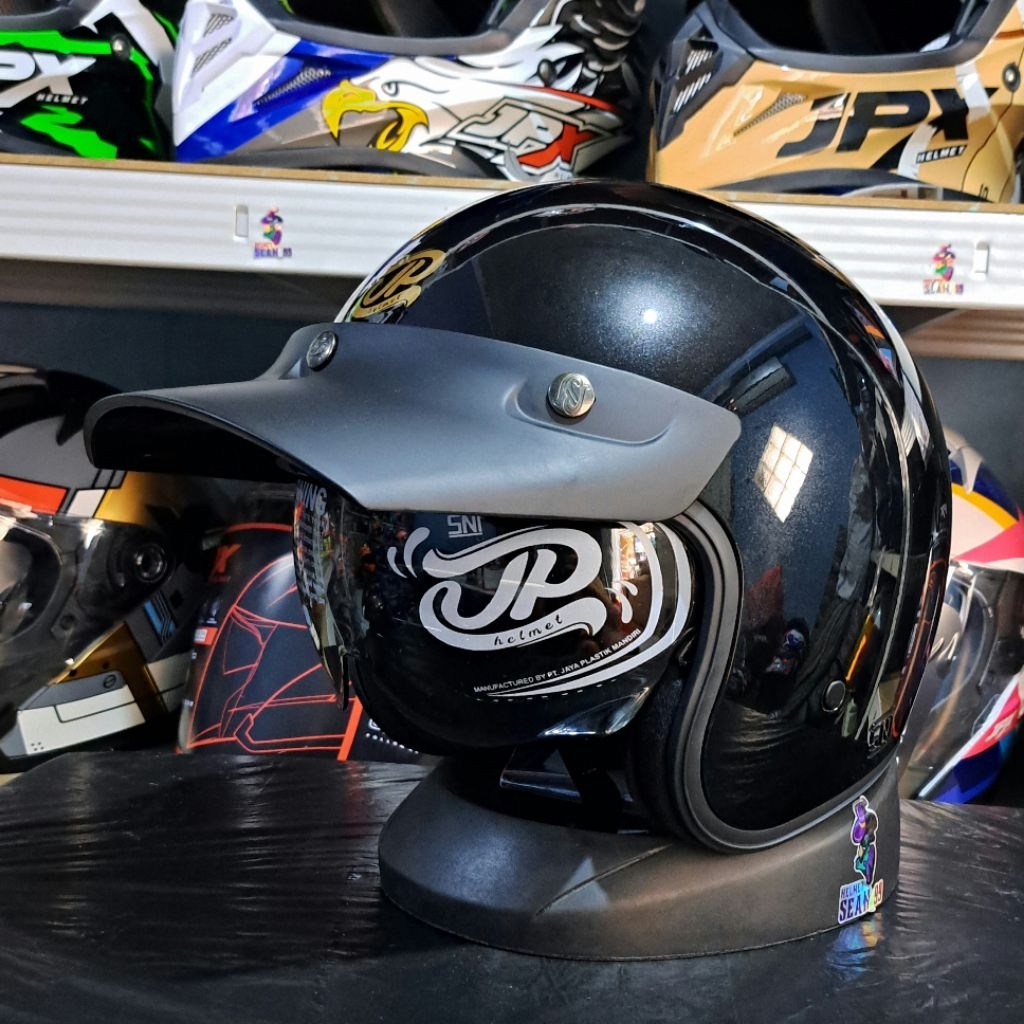 HELM JPX RETRO JP SIGNATURE OPEN FACE SO SOLID BLACK GLOSSY HALF FACE ORIGINAL SNI DOT | HELM RETRO 