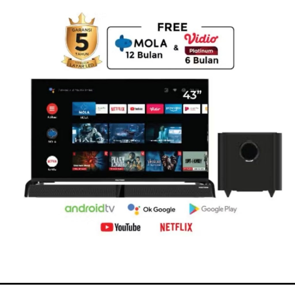LED tv Polytron 43 inc android google tv Soundbar/ 43bag/BG