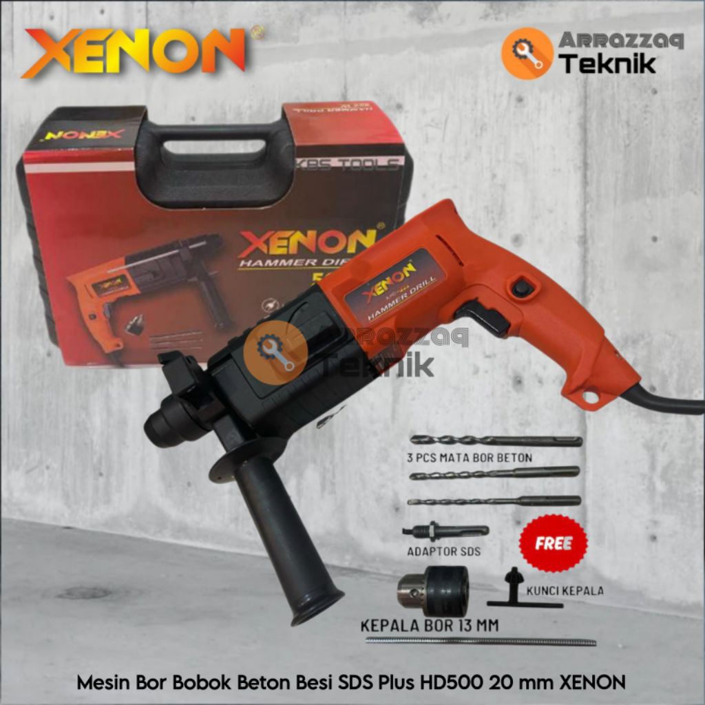 Rotary Hammer Drill 2-20 Mesin Bor Bobok Tembok Beton Besi SDS Plus XENON HD500 20 mm 500 Watt Set H