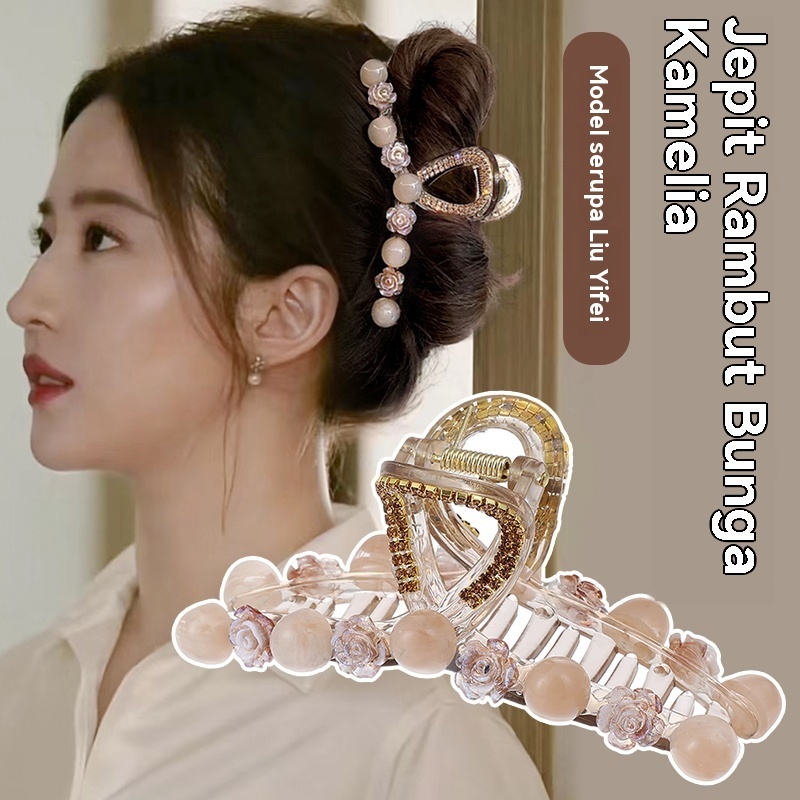 Jepit Cakar Bunga Camelia - Jepit Rambut Besar untuk Wanita, Gaya Koki Sanggul Elegan