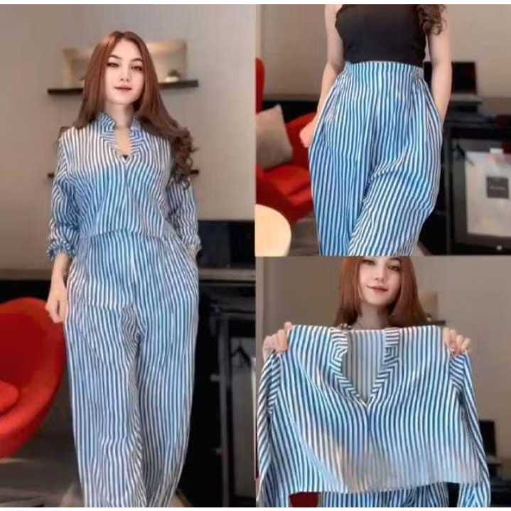 SET KULOT MOTIF GARIS SALUR BAJU SETELAN WANITA ATASAN CELANA KULOT CASUAL REMAJA KEKINIAN TERBARU