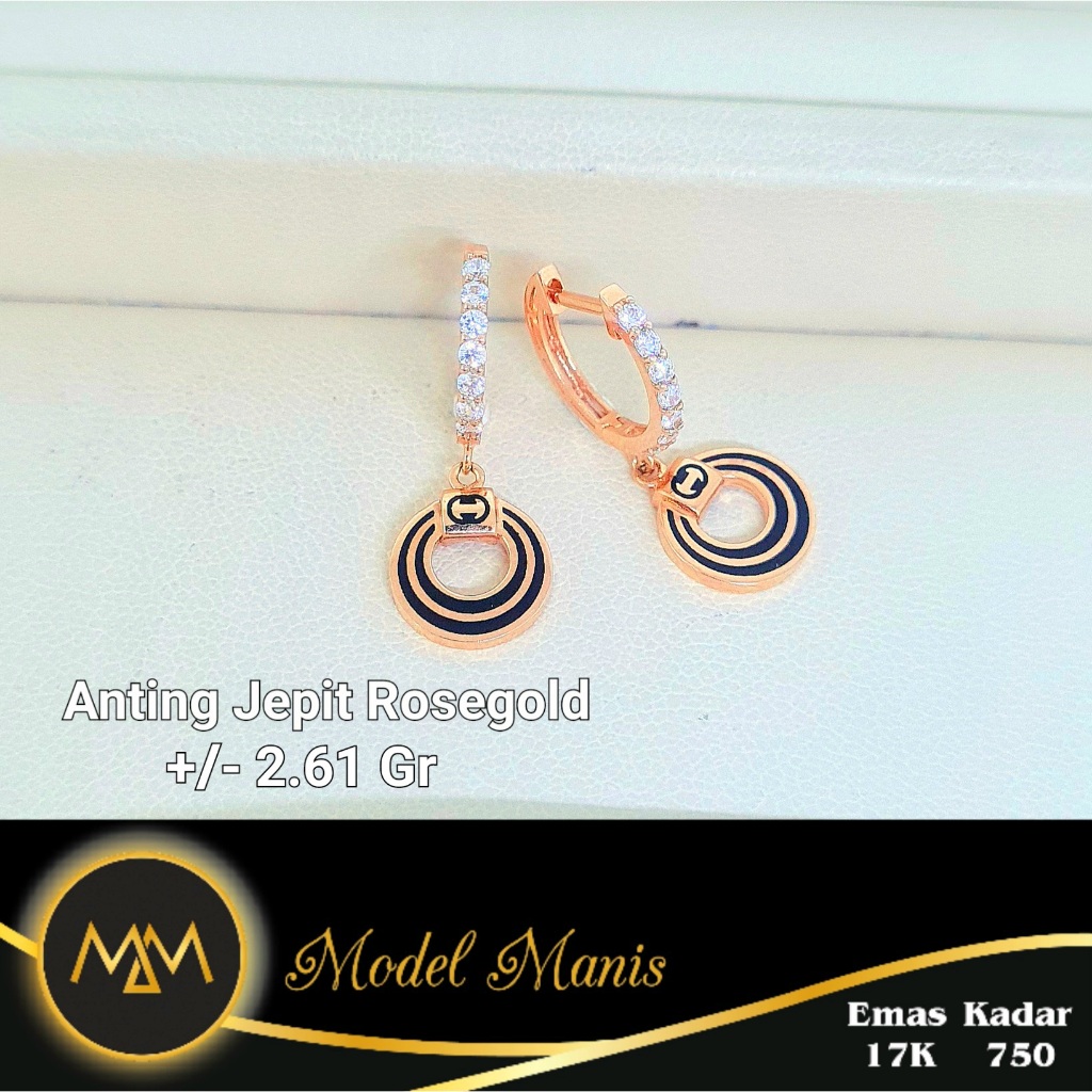 Model Manis Gold- Anting Jepit Ring Layer Hitam Rosegold  - Emas 17k  750