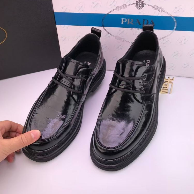 Prada men's black patent leather lace up formal leather shoes with scratch pattern, buffalo leather 
