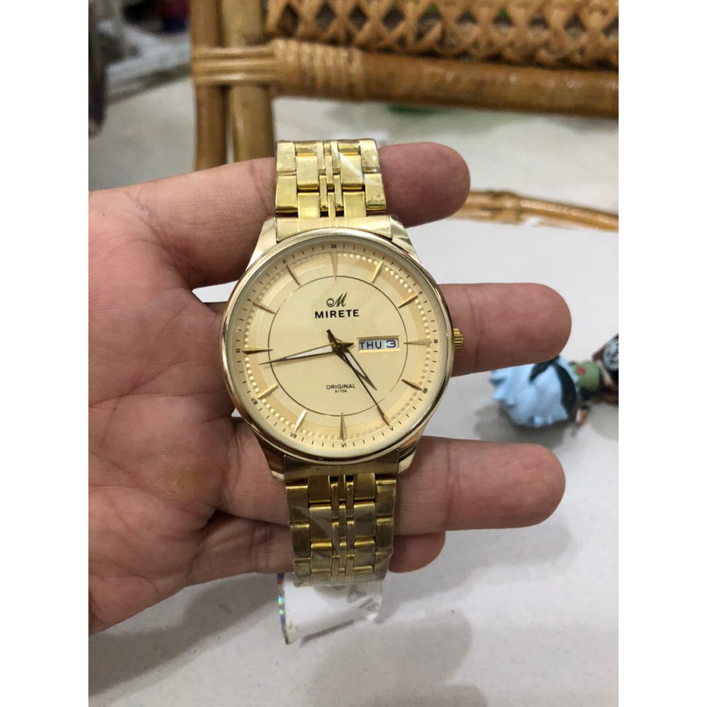 jam tangan pria Mirete quartz gold elegan tanggal hari stenlis steel fahionable