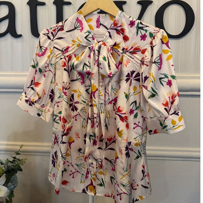 White Floral Blouse Tie Neck Elegant EV* M3NDES// Baju KantorFormal /Baju kerja Wanita Karir