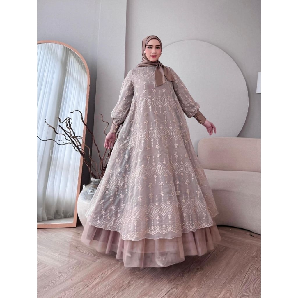 Mulan series 2in1 by Ninona Original - Gamis dengan Bahan organza Prada bordir & hijab silk