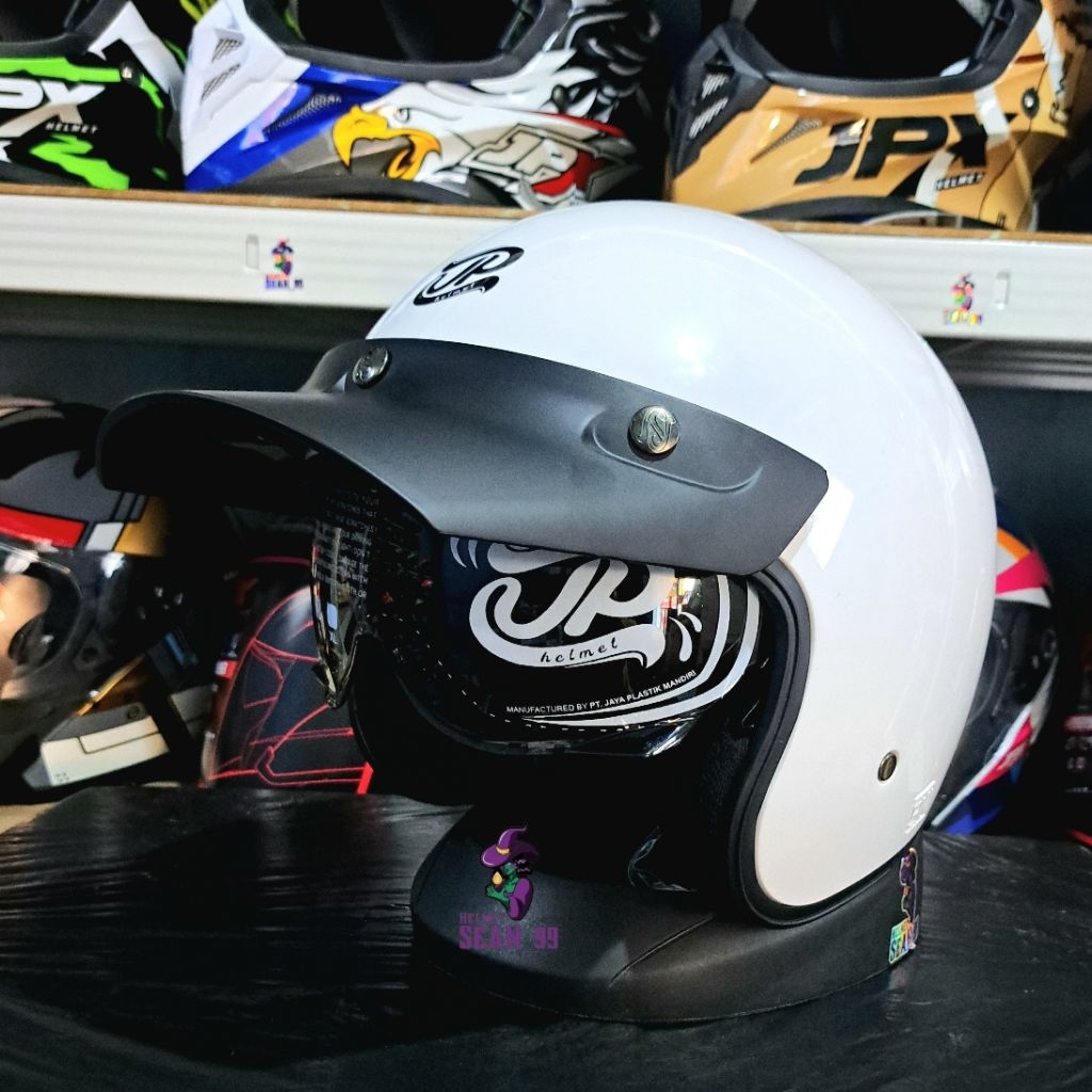 HELM JPX RETRO JP SIGNATURE OPEN FACE SO SOLID BROKEN WHITE HALF FACE ORIGINAL SNI DOT | HELM RETRO 
