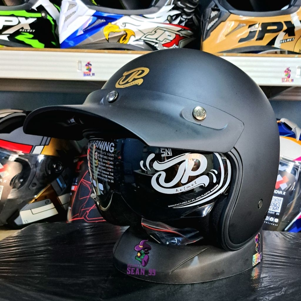 HELM JPX RETRO JP SIGNATURE OPEN FACE SO SOLID BLACK DOFF HALF FACE ORIGINAL SNI DOT | HELM RETRO JP